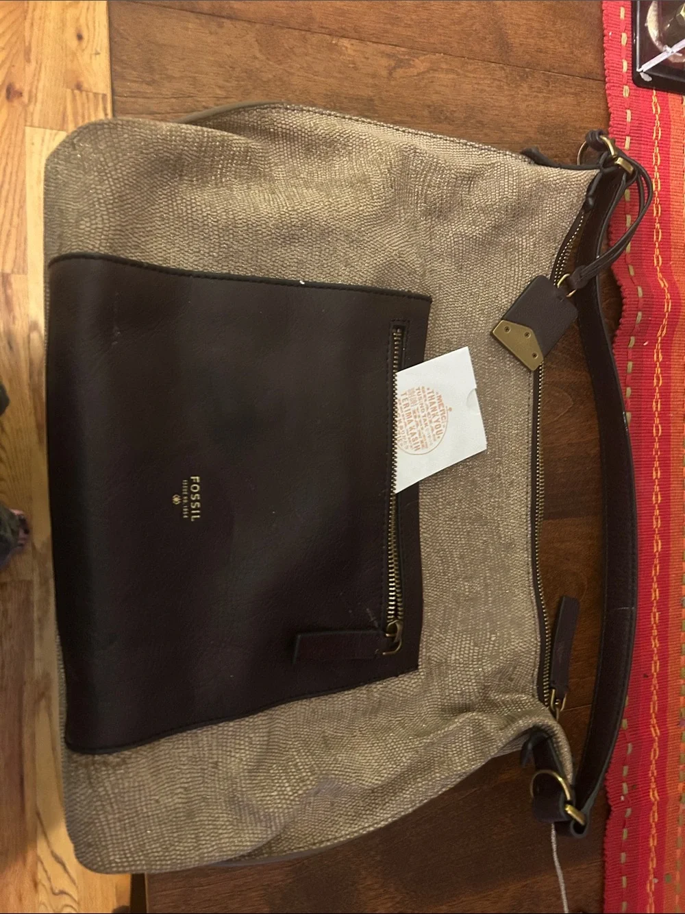 Fossil Brown Leather and Tan Canvas Messenger Bag